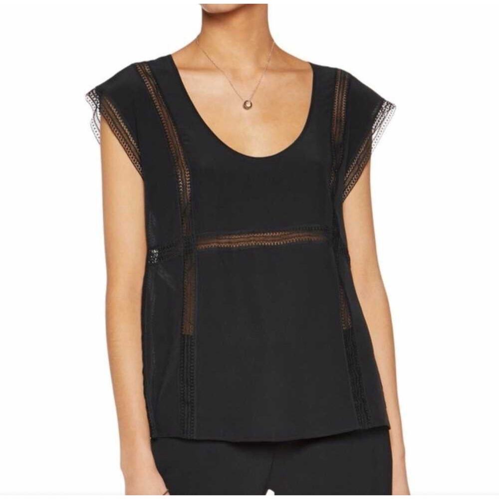 Theory Ralballa Mosaic Black Silk Lace-Paneled Blouse sz L